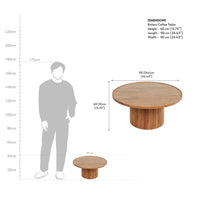 Round fluted wooden coffee table dimensions showing the tabletop diameter, height, and product proportions.