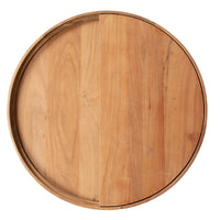 Top view of round wooden coffee table with circular wooden tabletop