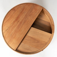 Round wooden coffee table with open top showing built-in storage compartment