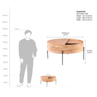 Round wooden coffee table dimensions and product measurement diagram