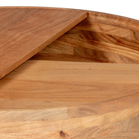 Close-up of wooden coffee table edge and tabletop storage detail