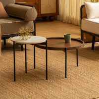 Modern round nesting coffee tables with marble and walnut tabletops