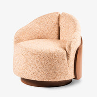 Front view of beige boucle accent chair with wooden base