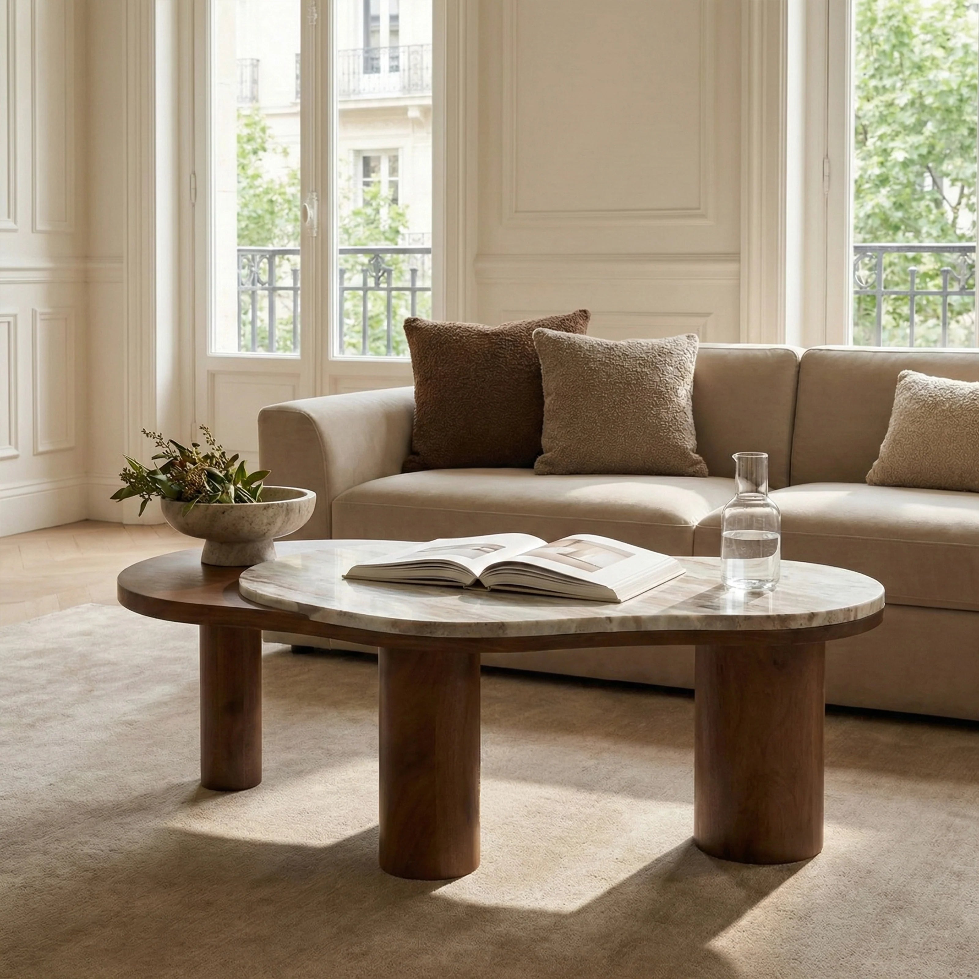Elegant Wooden & Marble Oval Coffee Table