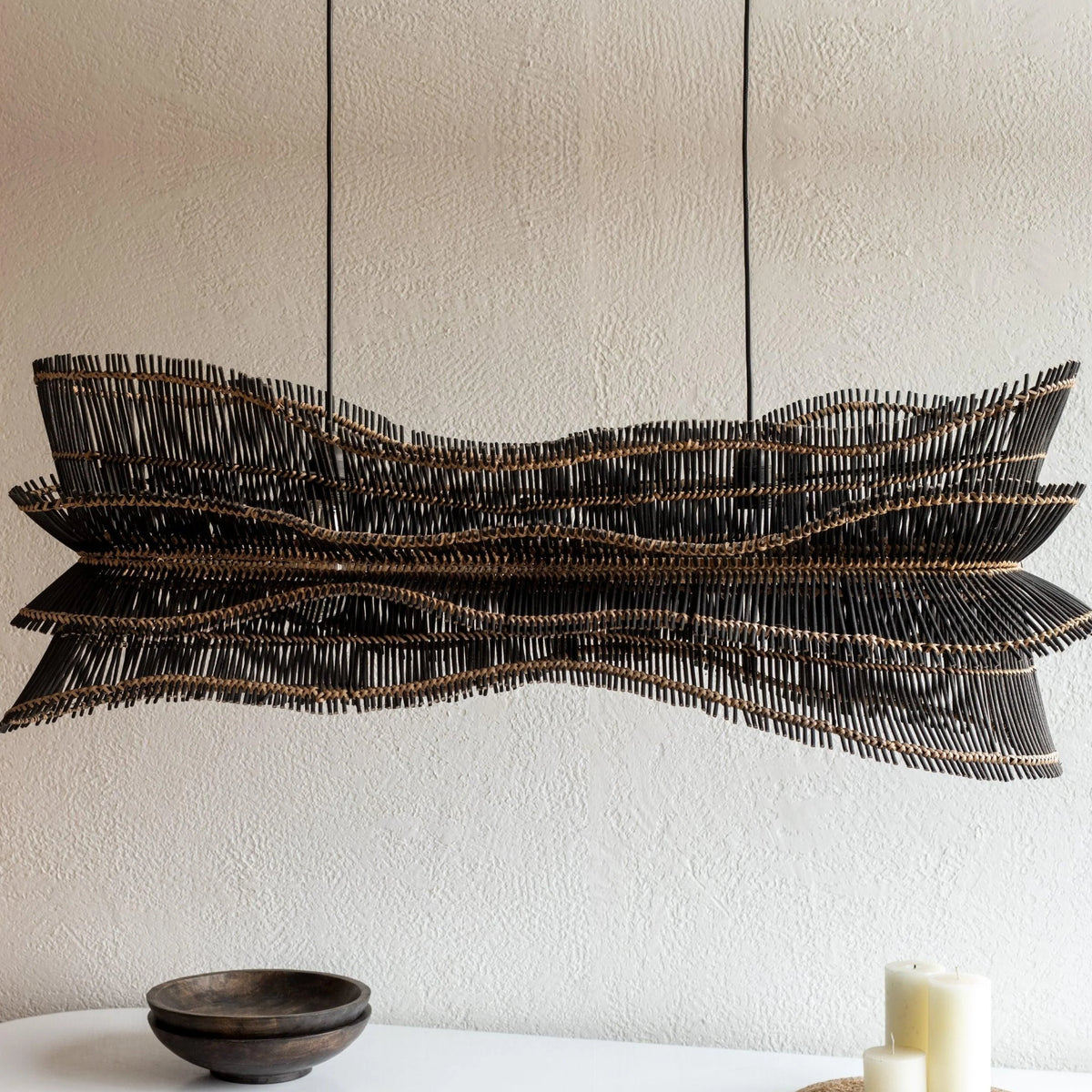 Modern black woven pendant chandelier with layered wave-shaped design