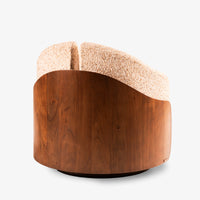 Back view of beige accent chair with curved wooden frame