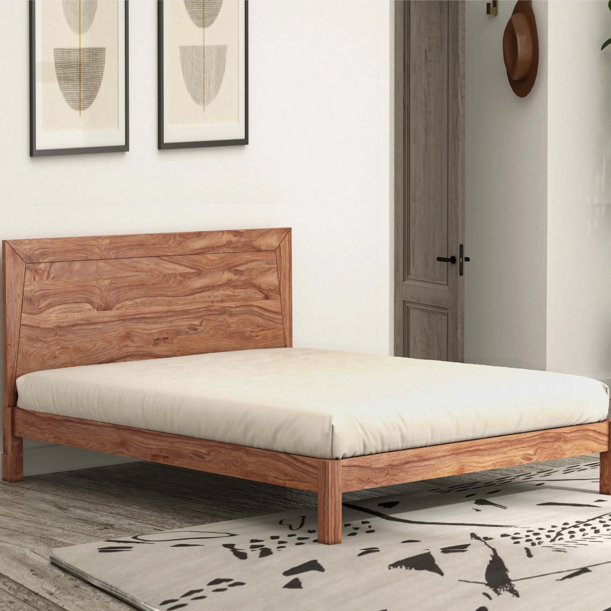 Natural wooden bed with rustic headboard and minimalist design in a modern bedroom