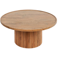 Round wooden coffee table with a fluted cylindrical base and natural wood finish.