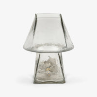 Clear glass table lamp with transparent trapezoid shade and glass base