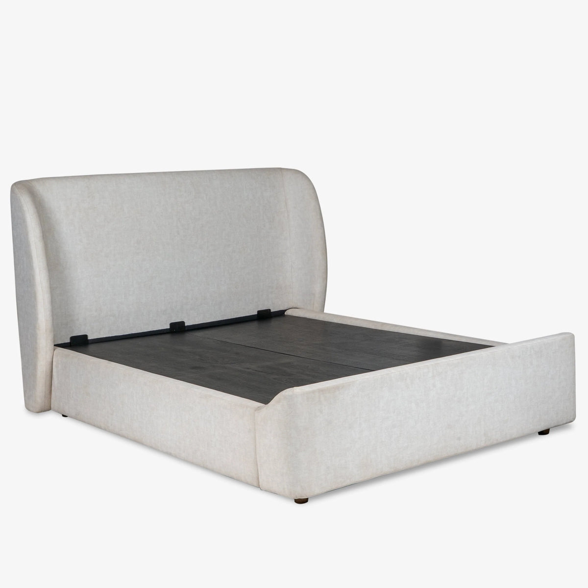 Modern light grey upholstered bed with padded headboard and wooden storage base