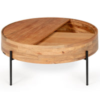 Round wooden coffee table with slim black metal legs front view