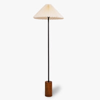 Minimalist standing floor lamp with pleated fabric shade and wooden base