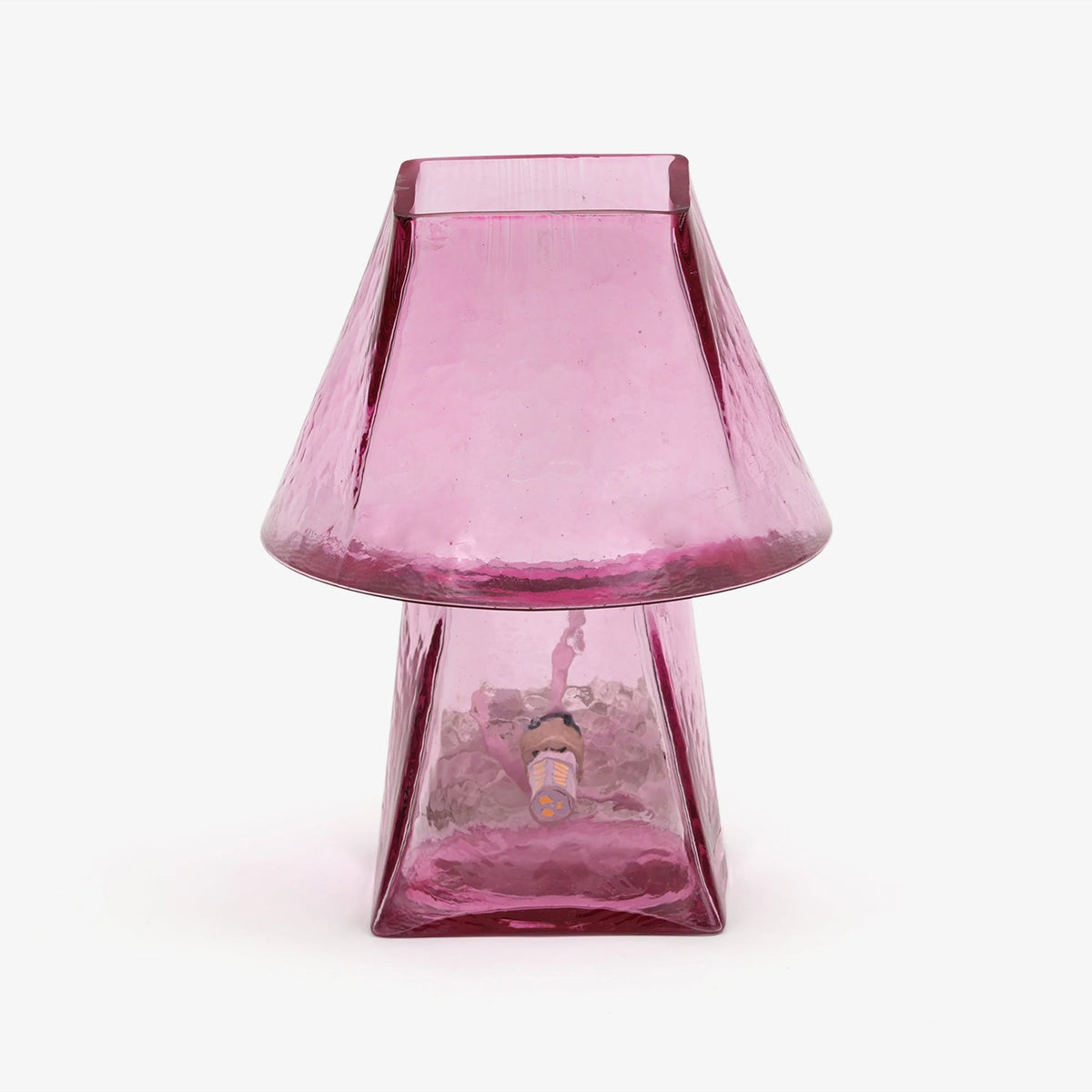 Pink glass table lamp with square shade and transparent glass base