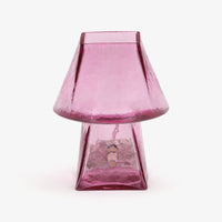 Pink glass table lamp with square shade and transparent glass base