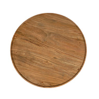 Top view of a round wooden coffee table showcasing natural wood grain and circular tabletop design.