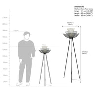 Black metal tripod floor lamp dimensions and measurement diagram