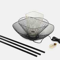 Disassembled black metal floor lamp parts with wire basket lampshade