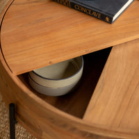 Round wooden coffee table with lift top and hidden storage compartment
