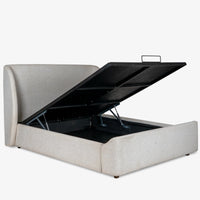 Light grey upholstered storage bed with hydraulic lift mechanism and underbed storage