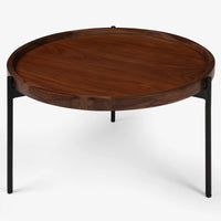Round wooden coffee table with raised edge and natural walnut finish