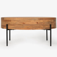 Side profile of round wooden coffee table with black metal legs