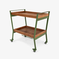 Two-tier wooden bar cart with green metal frame and rolling wheels