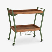 Outdoor wooden serving trolley with two shelves and metal frame