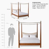 Wooden canopy bed with product dimensions and technical specifications