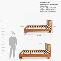 Natural wooden bed with product dimensions and technical specifications