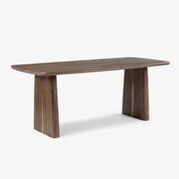 Side angle of modern walnut wooden dining table with sturdy legs