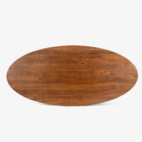 Top view of round walnut wooden dining table with natural wood finish