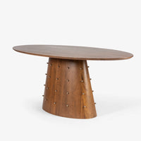 Round walnut dining table with tapered wooden pedestal base