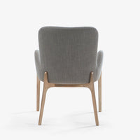 Back view of modern grey upholstered dining chair with wooden legs