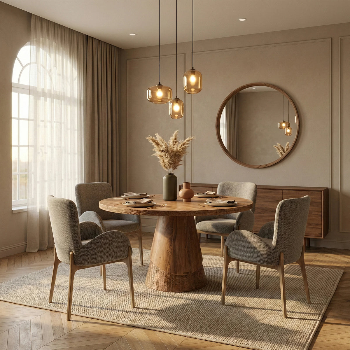 Modern wooden dining table with round pedestal base in a luxury dining room