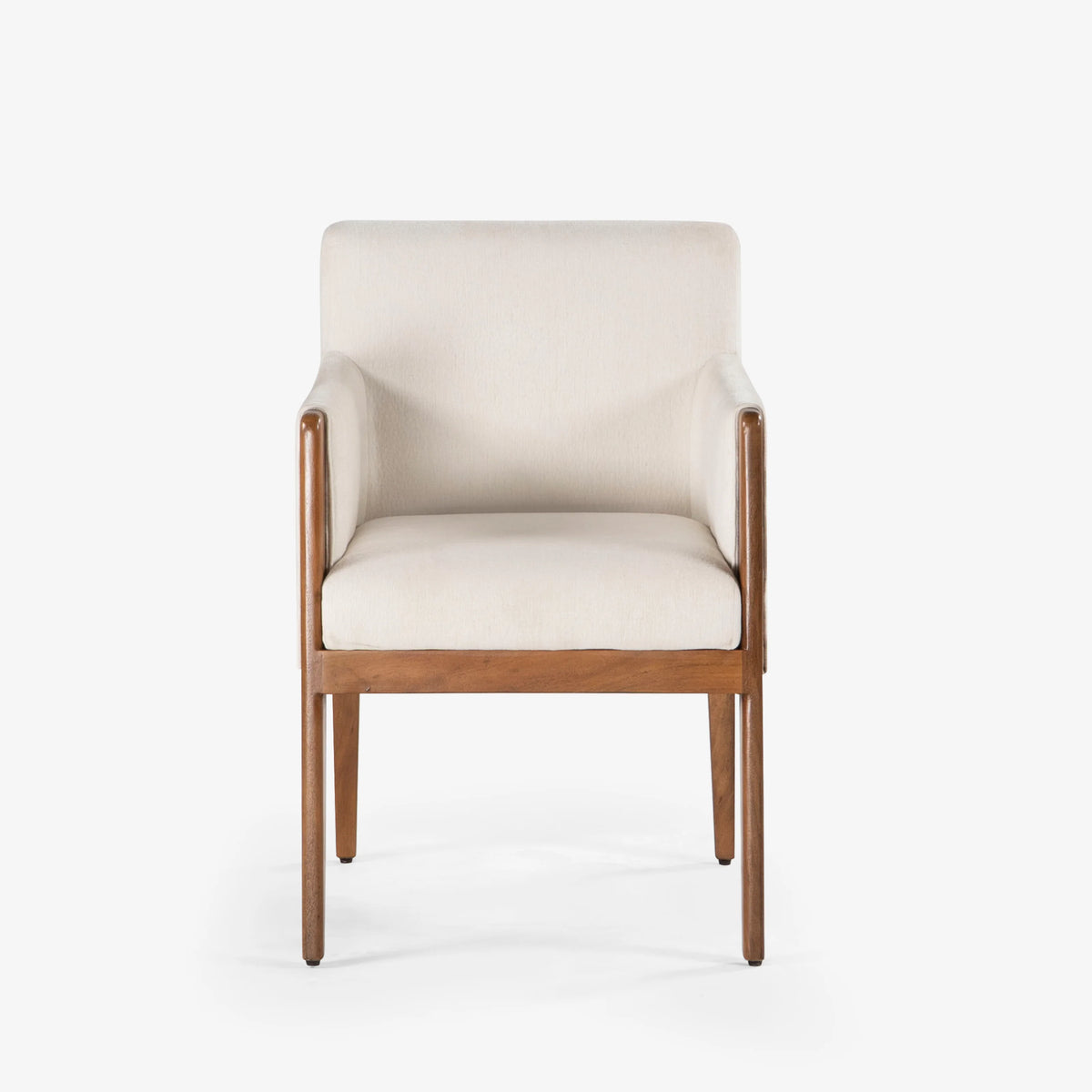 Modern cream upholstered dining chair with wooden arms and legs