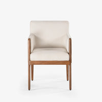 Modern cream upholstered dining chair with wooden arms and legs