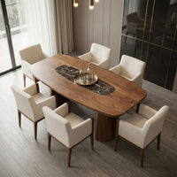 Wooden dining table with black marble center and cream upholstered chairs