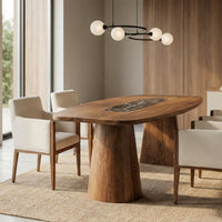 Walnut wooden dining table with black marble inlay and pedestal base