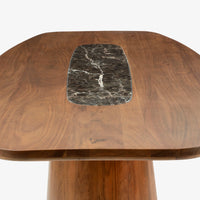 Top view of rectangular wooden dining table with black marble center
