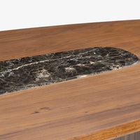 Close-up of natural wood grain and black marble tabletop detail