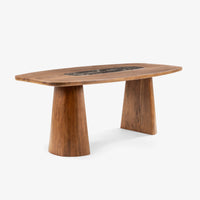 Modern wooden dining table with central pedestal legs and marble inlay