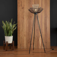 Modern black metal floor lamp with wire basket shade in a contemporary living room