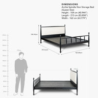 Black metal bed frame with product dimensions and technical specifications