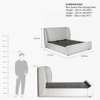 Light grey upholstered storage bed with product dimensions and technical specifications