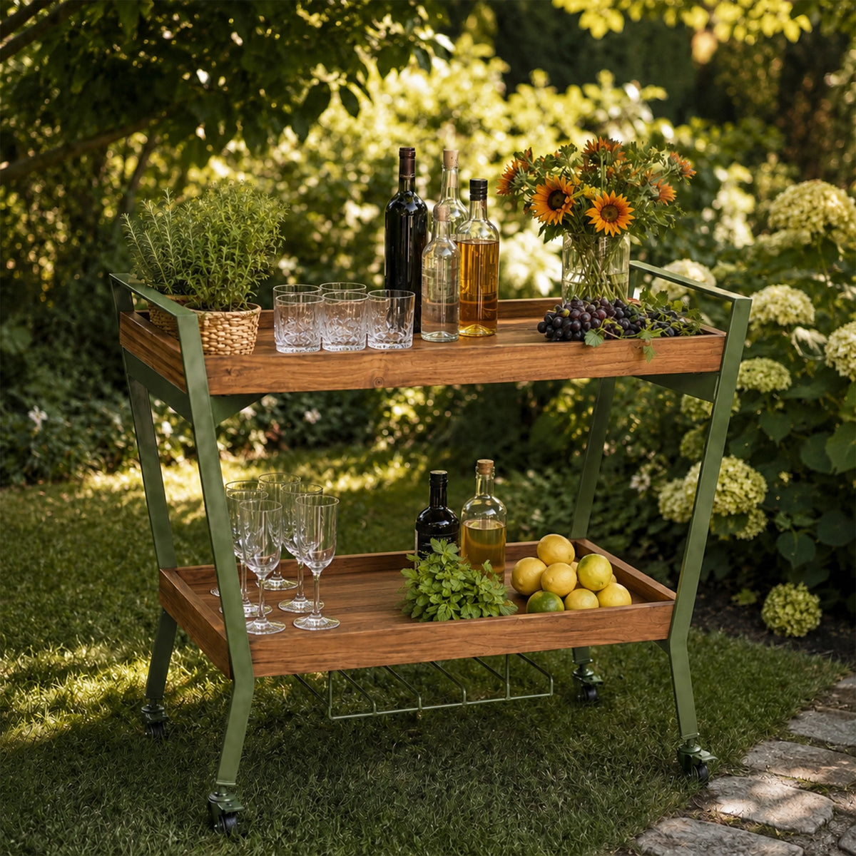 Wooden outdoor serving cart with green metal frame and wheels in a garden
