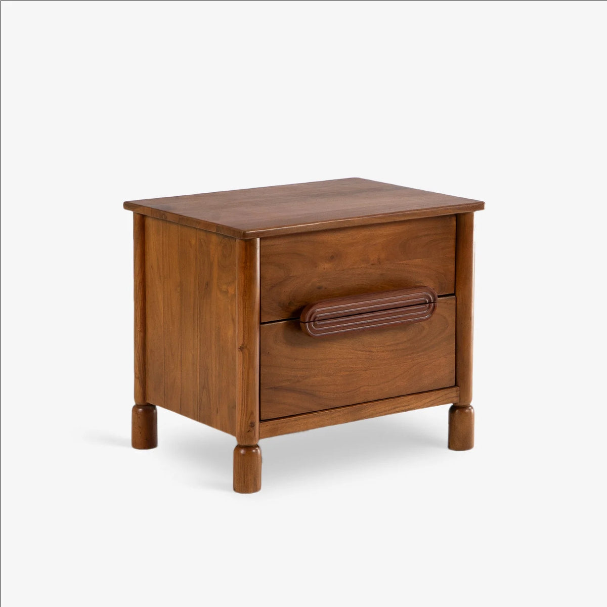 Wooden bedside table with open drawer and storage space