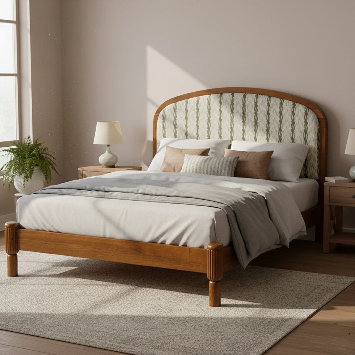 Natural wooden bed with curved woven cane headboard and upholstered bedding in a modern bedroom – Delife Living