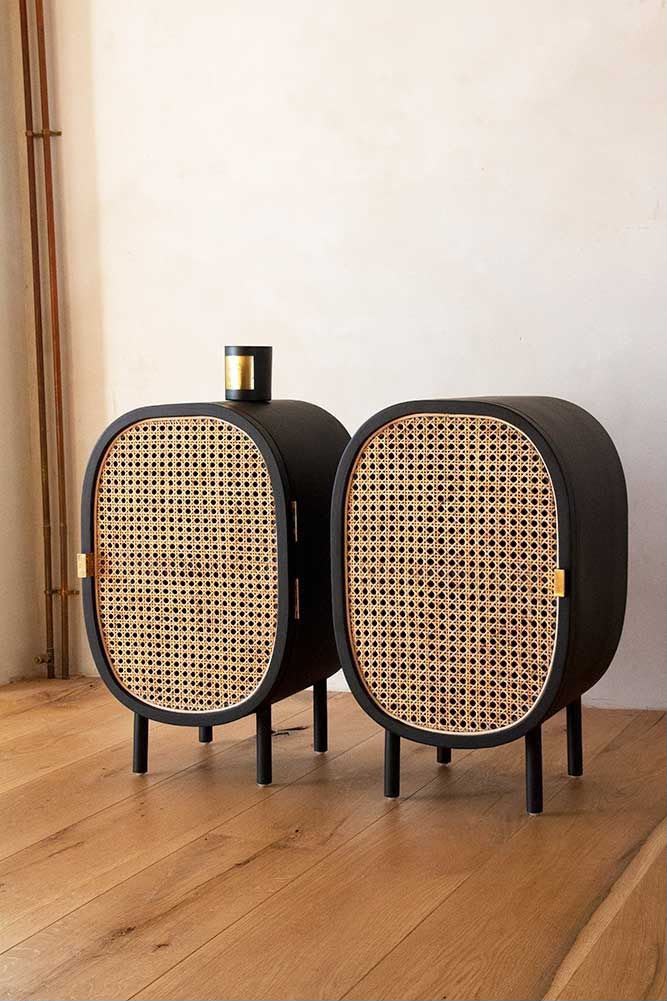 Black Rattan Cane Accent Cabinet – Modern Wooden Storage Cabinet