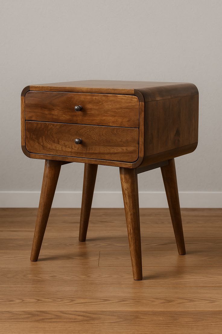 Mid-Century Solid Wood Bedside Table with 2 Drawers
