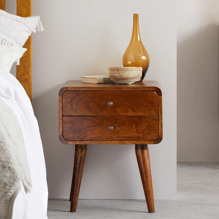 Mid-Century Solid Wood Bedside Table with 2 Drawers